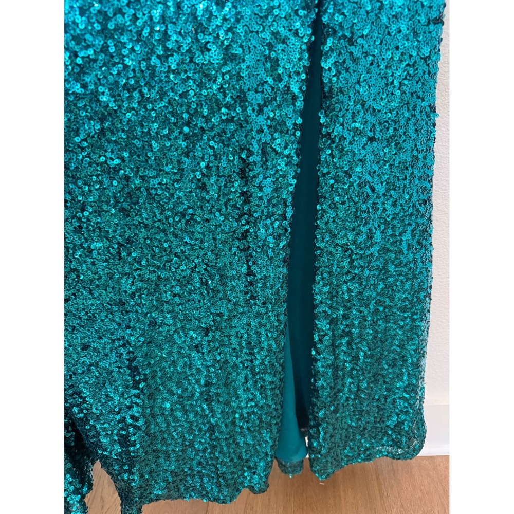 Morgan & Co Teal Sequin Mesh Corset Maxi Dress Formal Prom Gown Side Slit Size 5 - Picture 4 of 10